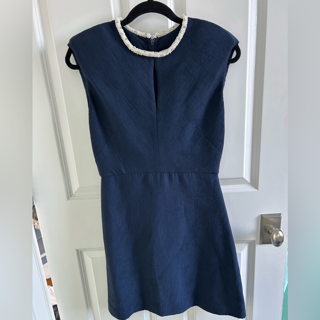 Sandro Paris Navy Blue Mini Dress With Jewelry Collar And Keyhole In Front